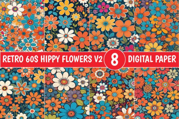 Download Retro 60s Hippy Flowers Patterns V2 - 60s Collection